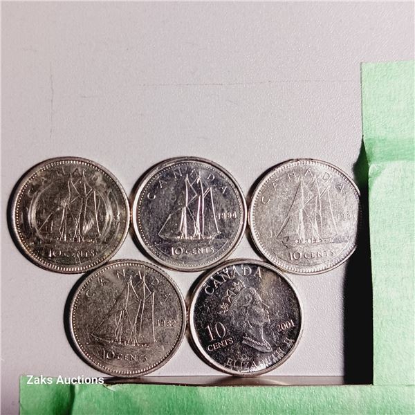 Lot of 5 Canada 10 Cent Coins - Dates; 1993, 1994, 1981, 1981, 2001