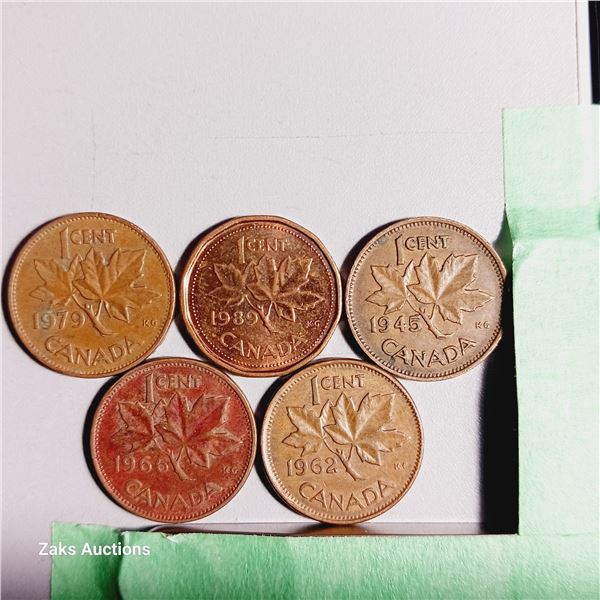 Lot of 5 Canada 1 Cent Coins - Dates; 1979, 1989, 1945, 1966, 1962