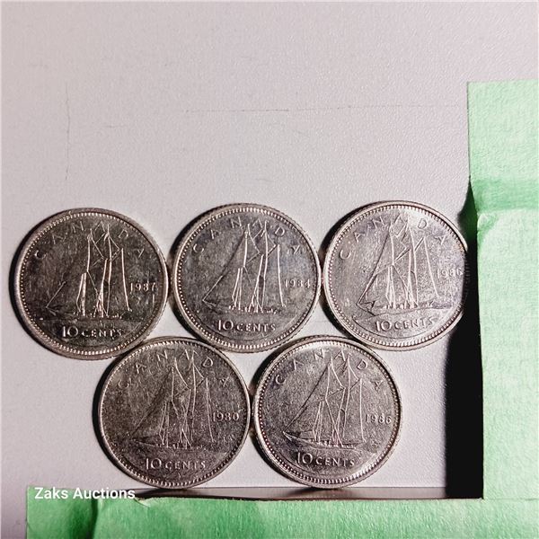 Lot of 5 Canada 10 Cent Coins - Dates; 1987, 1984, 1986, 1980, 1986