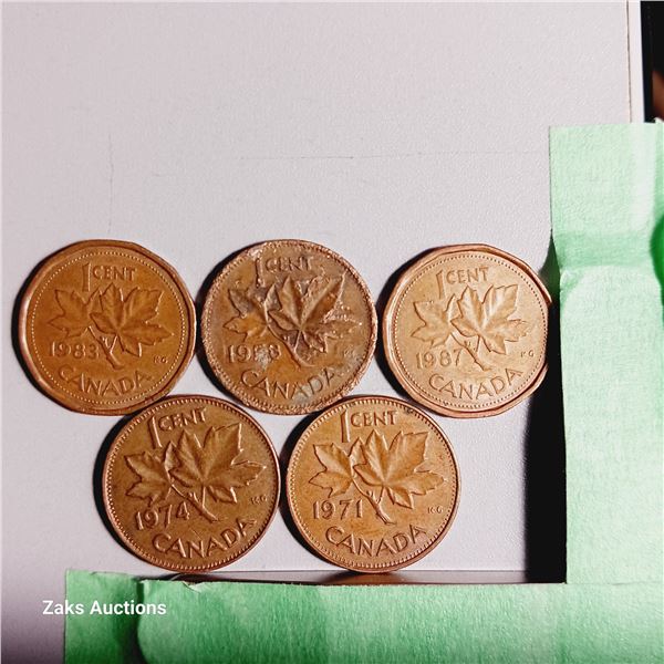 Lot of 5 Canada 1 Cent Coins - Dates; 1983, 1958, 1987, 1974, 1971