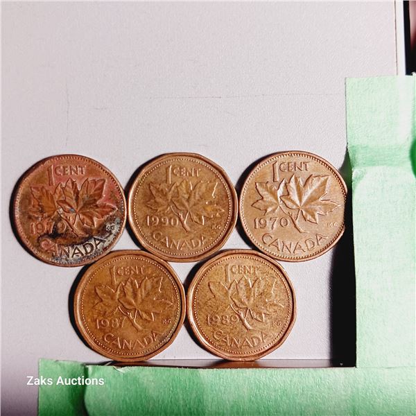 Lot of 5 Canada 1 Cent Coins - Dates; 1979, 1990, 1970, 1987, 1989
