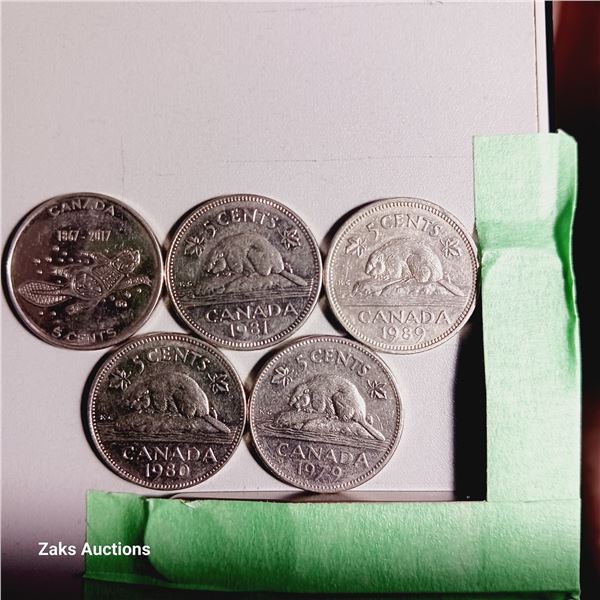 Lot of 5 Canada 5 Cent Coins - Dates; 2017, 1981, 1989, 1980, 1979