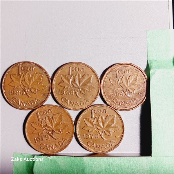 Lot of 5 Canada 1 Cent Coins - Dates; 1980, 1968, 1984, 1979, 1970