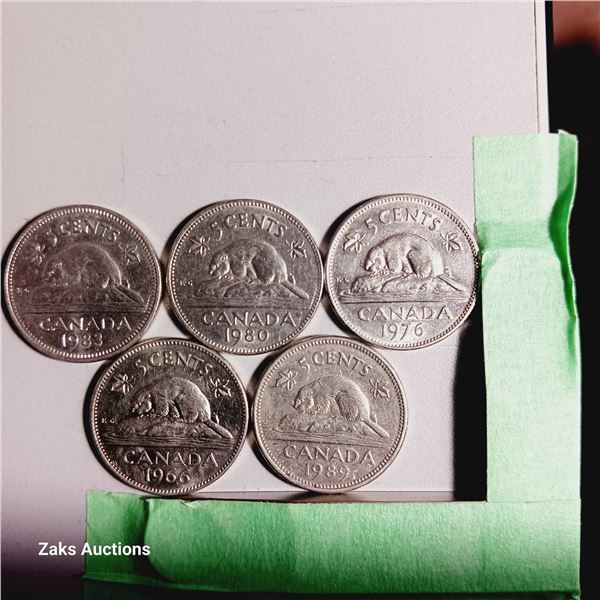 Lot of 5 Canada 5 Cent Coins - Dates; 1983, 1980, 1979, 1966, 1989