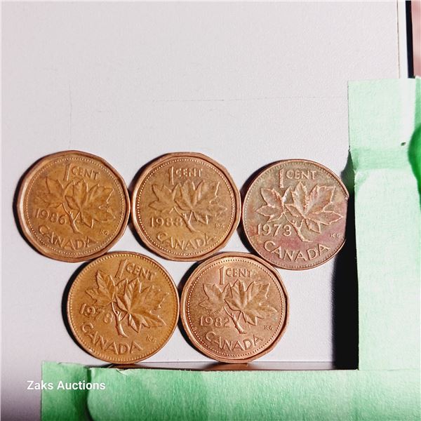 Lot of 5 Canada 1 Cent Coins - Dates; 1986, 1988, 1973, 1978, 1982