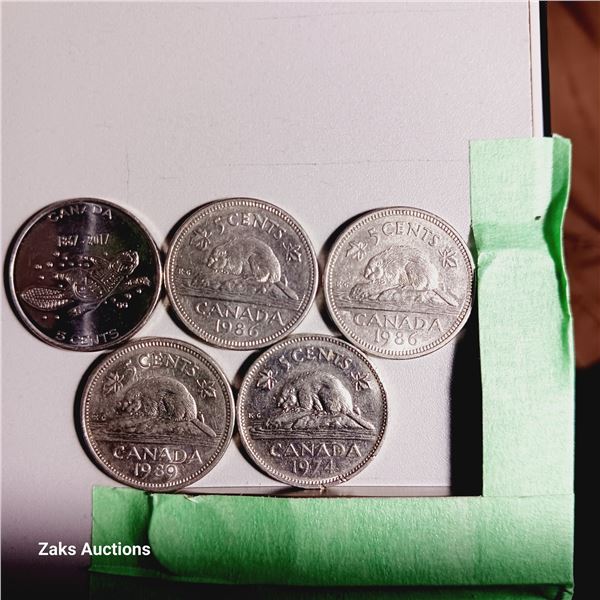 Lot of 5 Canada 5 Cent Coins - Dates; 2017, 1986, 1986, 1989, 1974