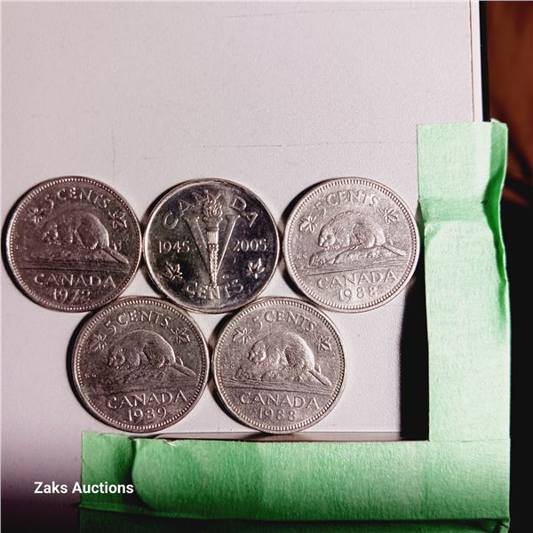 Lot of 5 Canada 5 Cent Coins - Dates; 1972, 2005, 1988, 1989, 1988