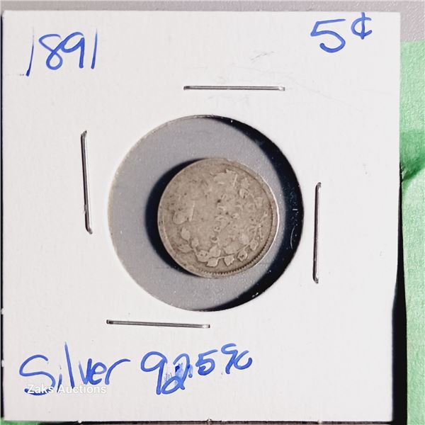 1891 Canada 5 Cent Coin - .925 Silver