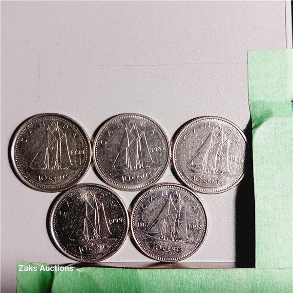 Lot of 5 Canada 10 Cent Coins - Dates; 1999, 1985, 1984, 1999, 1992