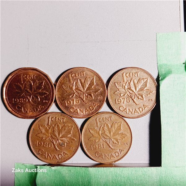 Lot of 5 Canada 1 Cent Coins - Dates; 1989, 1976, 1978, 1980, 1981