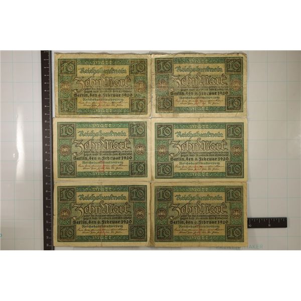 6-1920 GERMAN 10 MARK BILLS