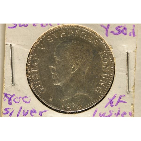 1923 SWEDEN SILVER 1 KRONA COIN .1929 OZ. ASW