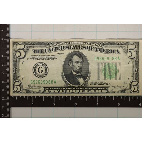 1934-A US $5 GREEN SEAL BILL EXTRA FINE