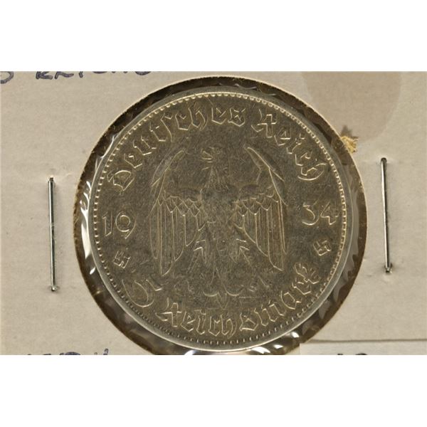 1934-D GERMAN SILVER 5 MARK .4016 OZ. ASW