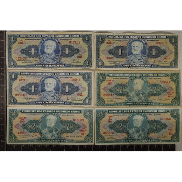 6-BRASIL BILLS: 3-ONE CRUZEIROS & 3-TWO CRUZEIROS