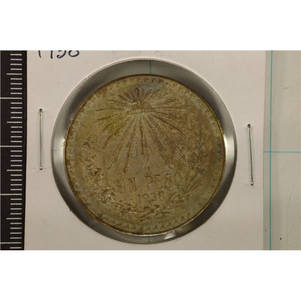 1938-M MEXICO CAP & RAY SILVER PESO .3857 OZ. ASW