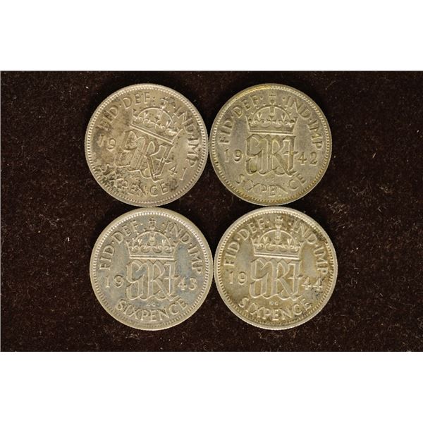 1941, 42, 43 &  1944 GREAT BRITAIN SILVER 6 PENCE