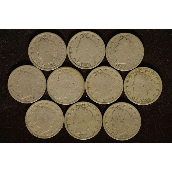 10-LIBERTY "V" NICKELS: 1900, 1901, 1902, 1903,