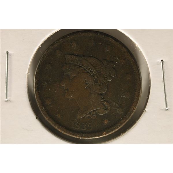 1839 US LARGE CENT VF, 2025 REDBOOK PRICE $120 IN