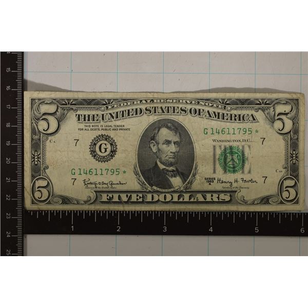 1963-A US $5 STAR NOTE GREEN SEAL FRN