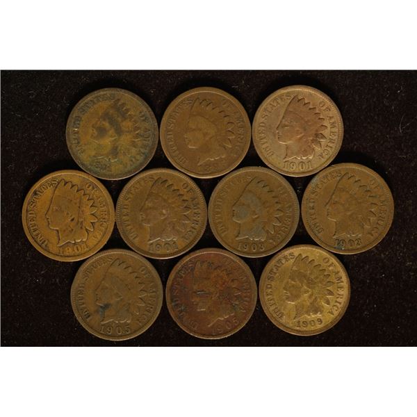 10-INDIAN HEAD CENTS: 1909, 2-1905, 2-1903, 3-01,