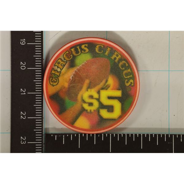 $5 CIRCUS CIRCUS CASINO CHIP. 1999 SUPER SUNDAY