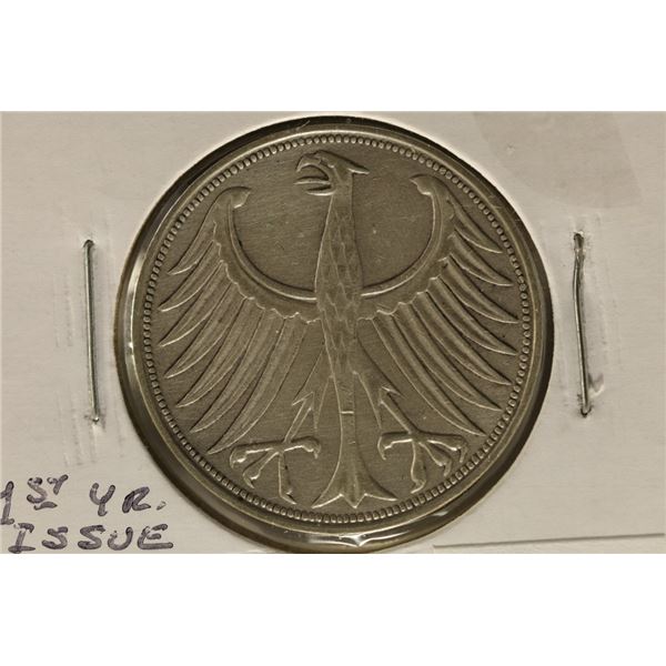 1951-F GERMAN SILVER 5 MARK. .2251 OZ. ASW. FIRST