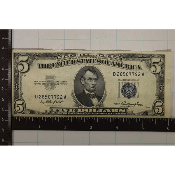 1953 US $5 SILVER CERTIFICATE BLUE SEAL SLIGHT