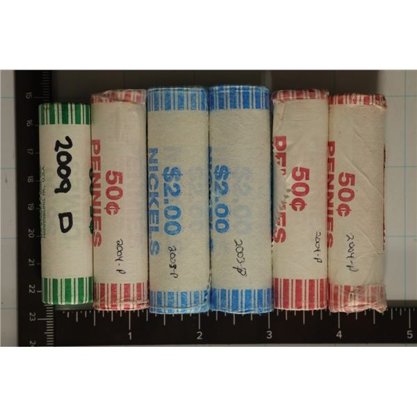 6 US ROLLS OF BU COINS: 2009-D $5 ROLL  OF ROSY'S,