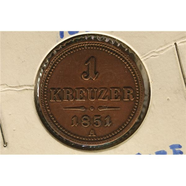 1851-A AUSTRIA 1 KREUZER  AU CLEANED