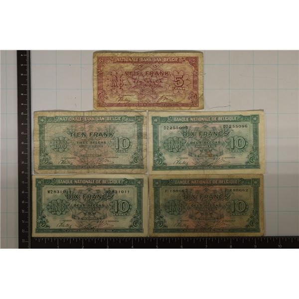 5 BELGIUM BILLS ALL 1943: 1-5 FRANC & 4-10 FRANCS