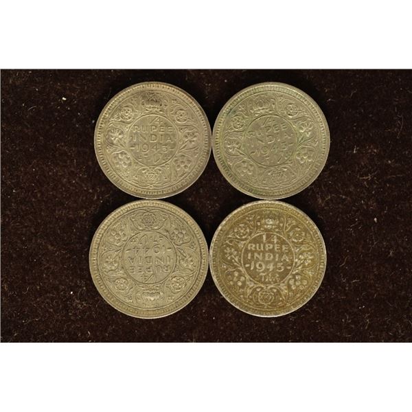 2-1943, 1944 & 1945 INDIA SILVER 1/4 RUPEE COINS