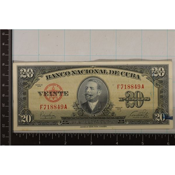 1949 CUBA CRISP UNC 20 PESO BILL "ANTONIO MACEO"