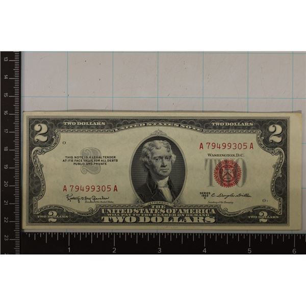 1953-C US $2 RED SEAL NOTE CRISP UNC SLIGHT
