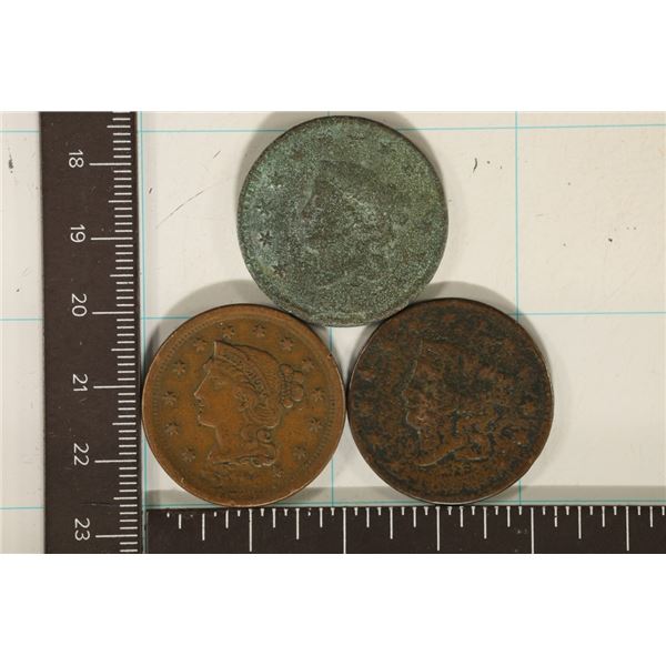 3 US LARGE CENTS: 1 DATE SCRATCHED OFF, 1826 OR 8