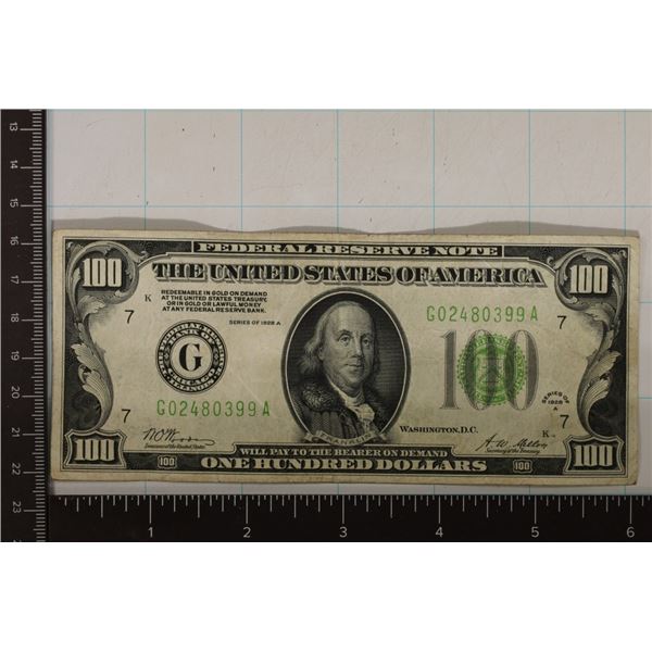 1928-A US $100 BILL REDEEMABLE IN GOLD ON DEMAND