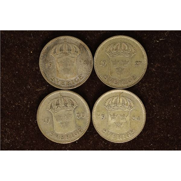 1914, 27, 30 & 1934 SWEDEN SILVER 25 ORE COINS