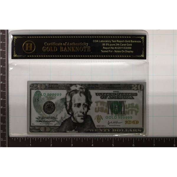 2004-A GOLD BANKNOTE US $20 FOIL BILL 99.9 24KT