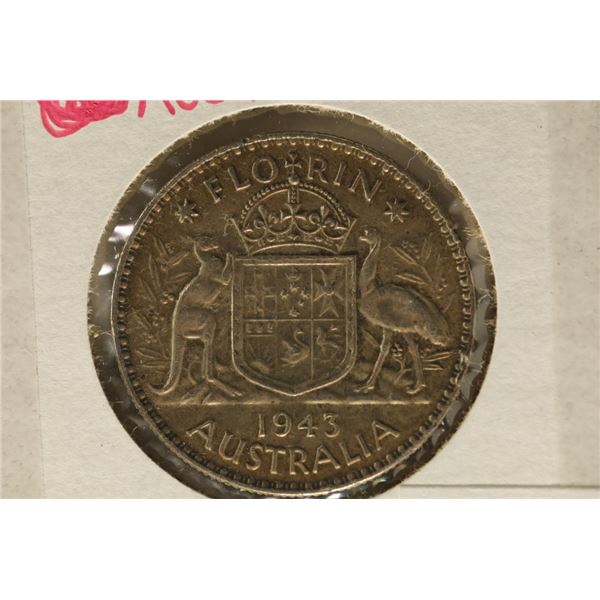 1943 AUSTRALIA SILVER 1 FLORIN COIN .3364 OZ. ASW