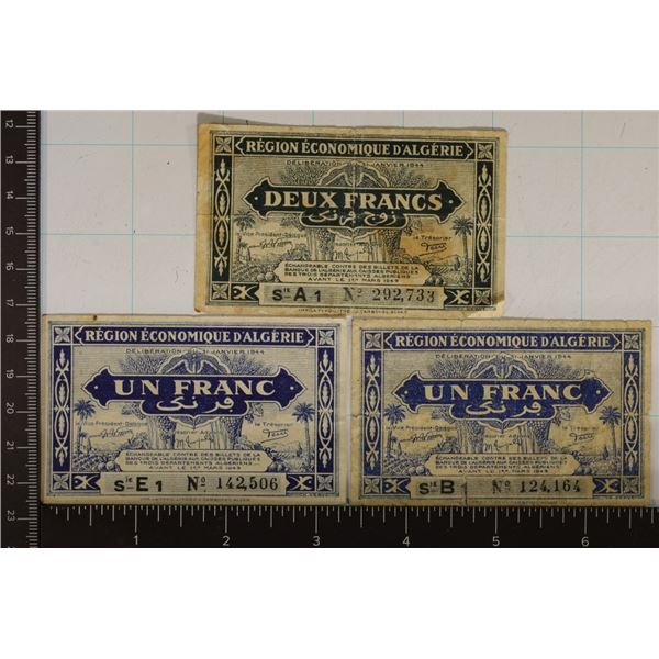 3-ALGERIA BILLS ALL 1944: 2-1 FRANC & 1-2 FRANC