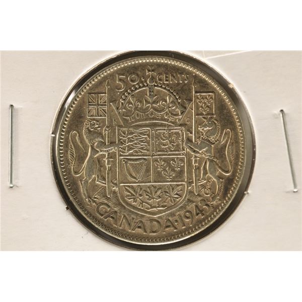 1943 CANADA SILVER 50 CENT COIN .30 OZ. ASW AU/UNC
