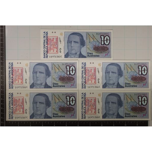 5 CRISP UNC ARGENTINA 10 AUSTRALES WITH