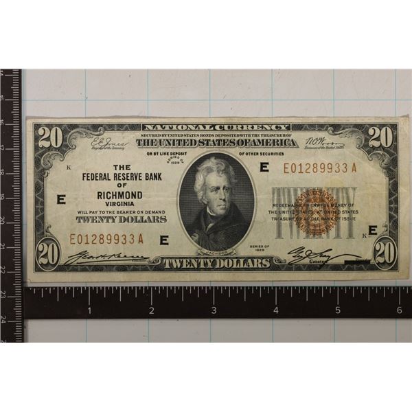 1929 TYPE I US $20 NATIONAL CURRENCY BROWN SEAL