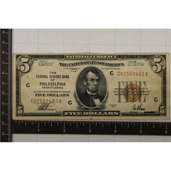 1929 US $5 NATIONAL CURRENCY TYPE I BANK OF