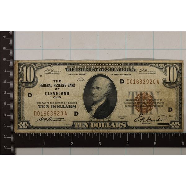 1929 US $10 TYPE I NATIONAL CURRENCY BANK OF