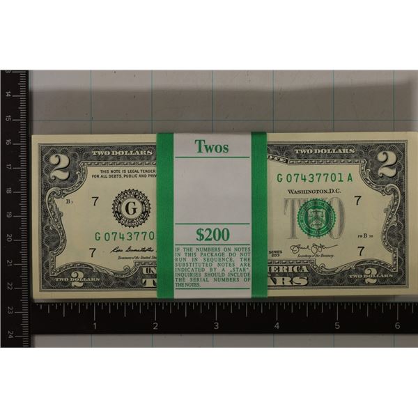 $200 BLOCK OF 2013 US $2 CONSECUTIVE SERIAL # $2'S