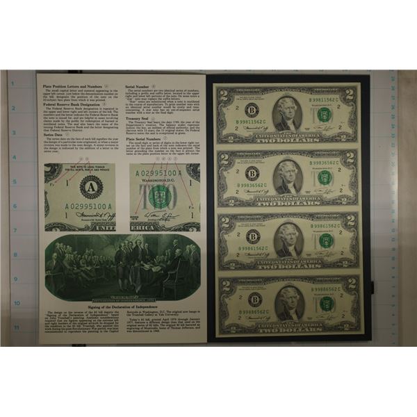 UNCUT SHEET OF 4-1976 $2 FRN'S GREEN SEALS IN