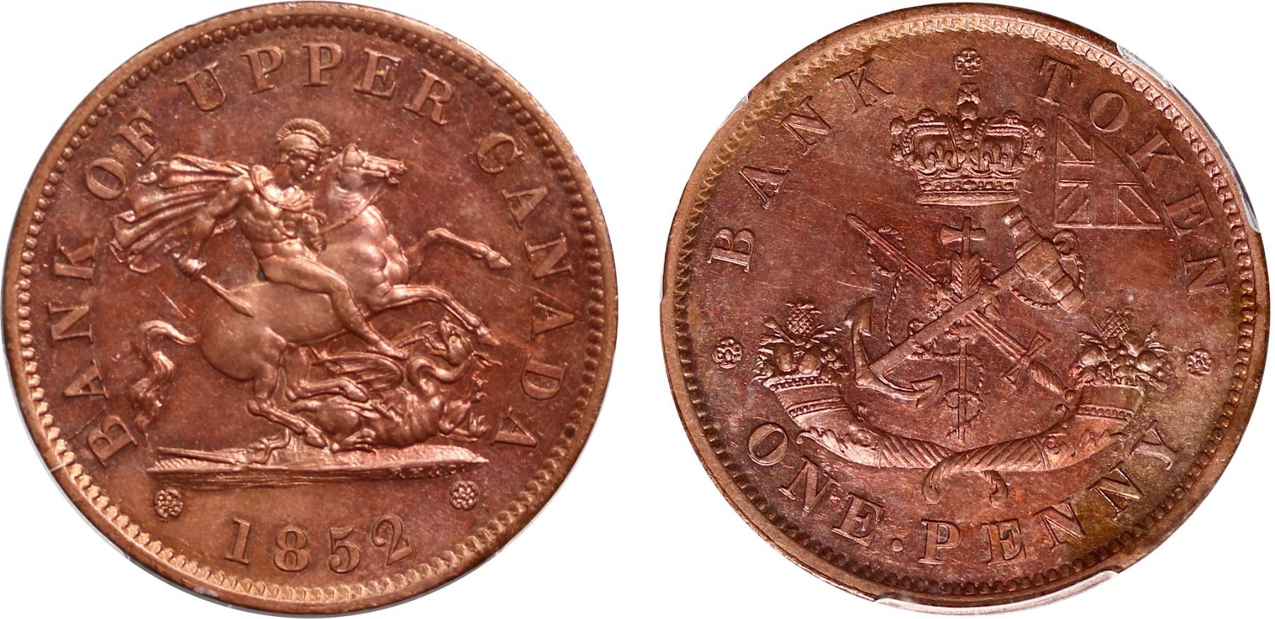 PC-6B4, Breton 719, Scarce Specimen St. George token, 1852 1 penny PCGS ...