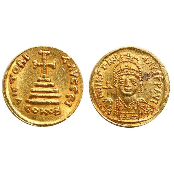Ancients;  Byzantine Justinian I Gold Solidus Coin.  4,3 grs.  Cross potent on five steps.