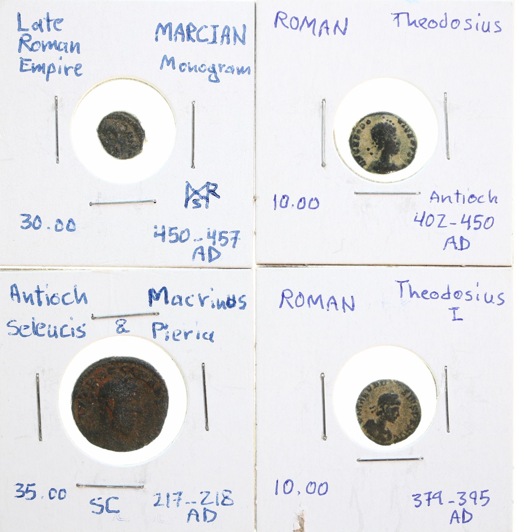 Ancients; Roman Empire lot of 4 issues Marcian 450-457, Macrinus 217 ...